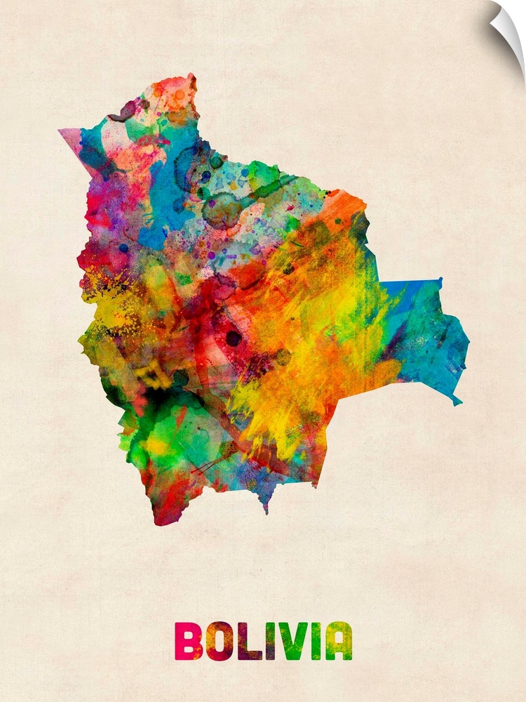 Watercolor art map of the country Bolivia against a weathered beige background.