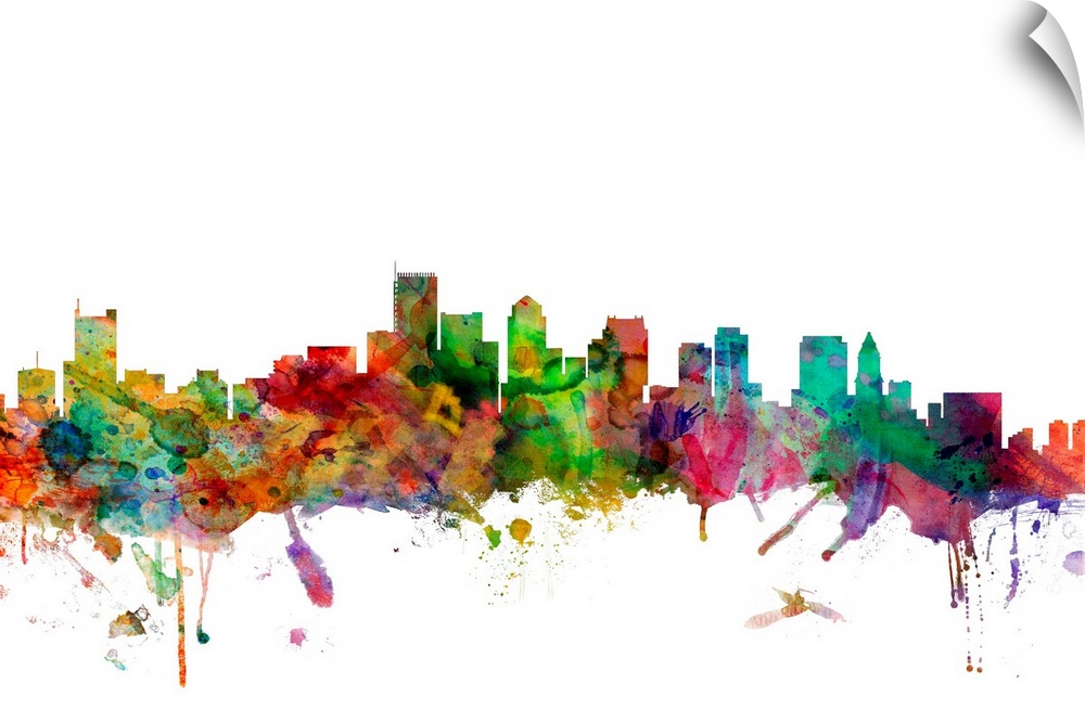 Watercolor artwork of the Boston skyline against a white background.