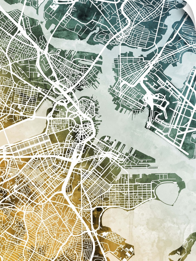 Watercolor street map of Boston, Massachusetts, United States