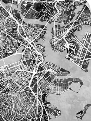Boston Massachusetts Street Map, Black and White