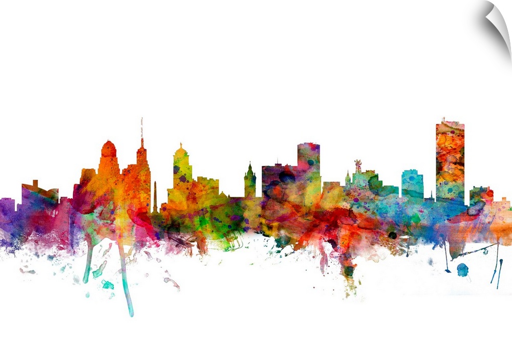 Watercolor artwork of the Buffalo skyline against a white background.