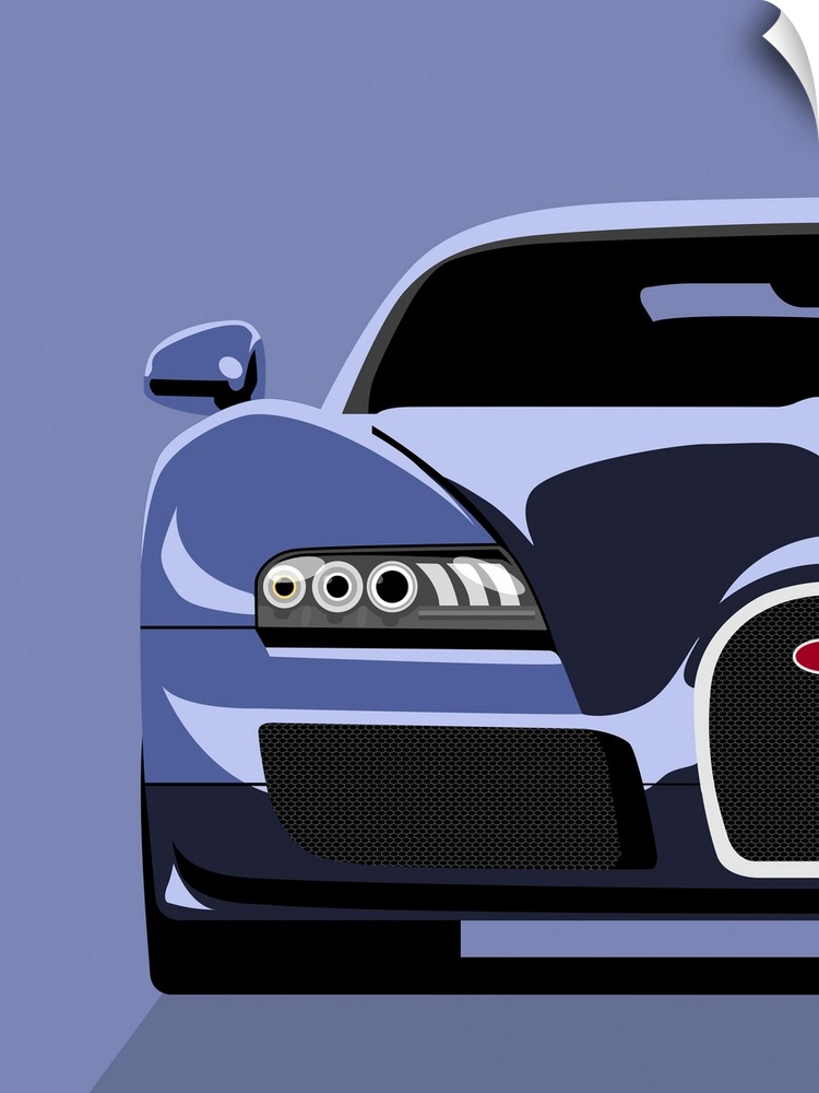 Oversized, vertical pop art on a wall hanging of half of the front end of a Bugatti Veyron, on a solid background.