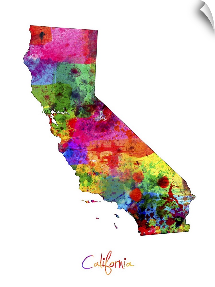 Contemporary artwork of a map of California made of colorful paint splashes.