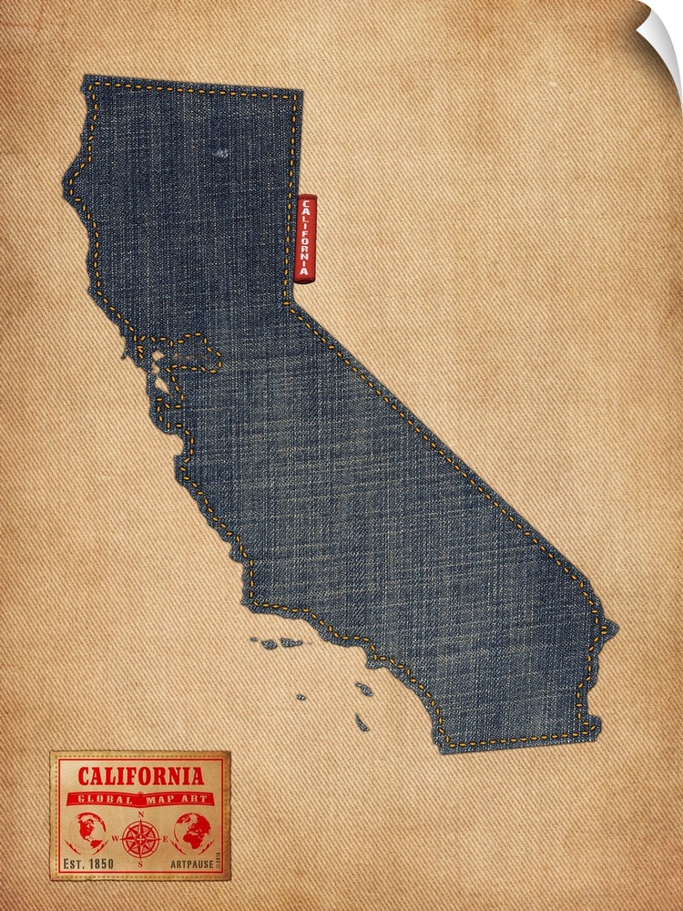 Contemporary artwork of the state of California made of denim, against a rustic background.