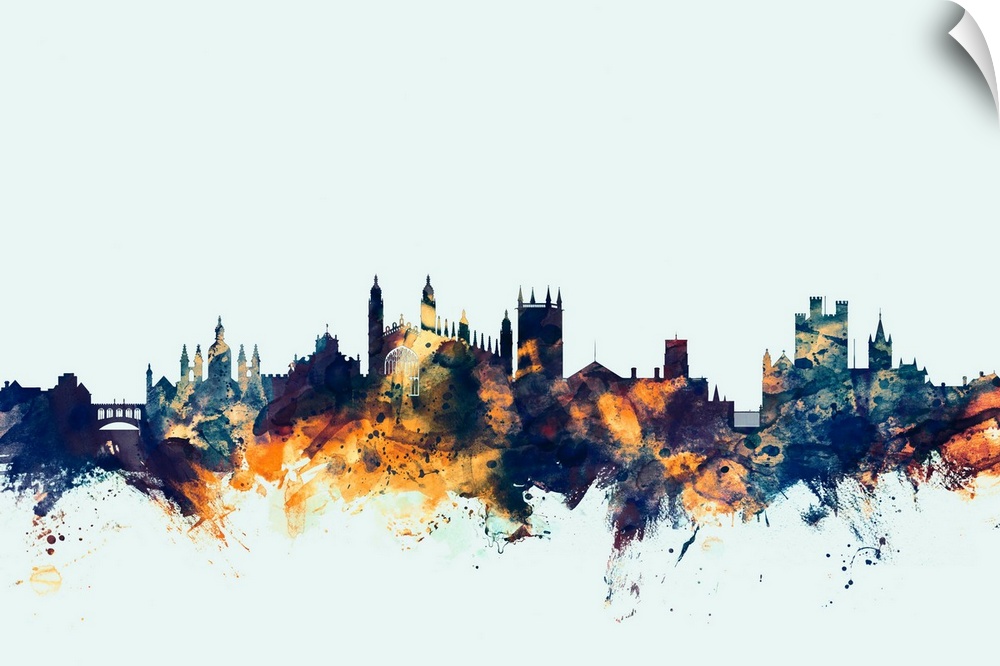 Watercolor art print of the skyline of Cambridge, England, United Kingdom
