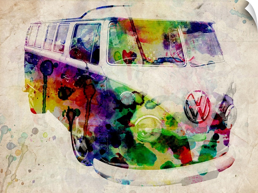 Watercolor and digital composite of a VW camper van on a neutral background with splashes and drips on the painting.