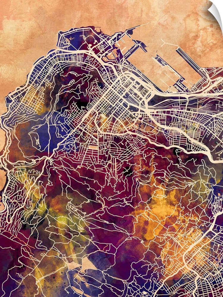 A watercolor street map of Cape Town, South Africa