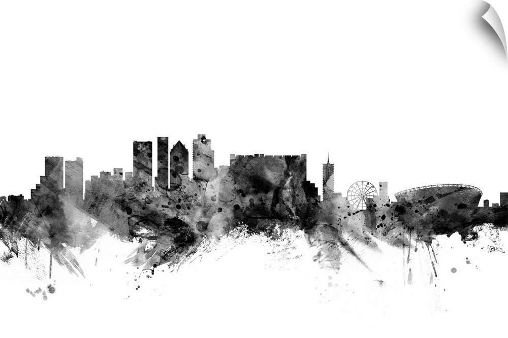 Contemporary artwork of the Cape Town city skyline in black watercolor paint splashes.