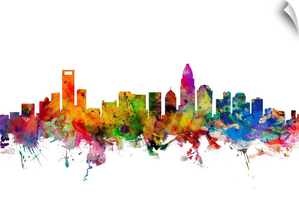 Watercolor artwork of the Charlotte skyline against a white background.
