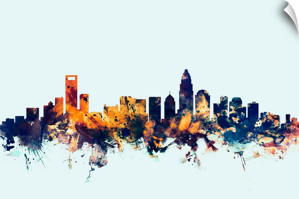 Dark watercolor silhouette of the Charlotte city skyline against a light blue background.