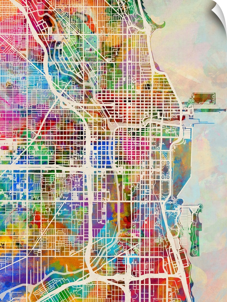 Watercolor art map of Chicago city streets.