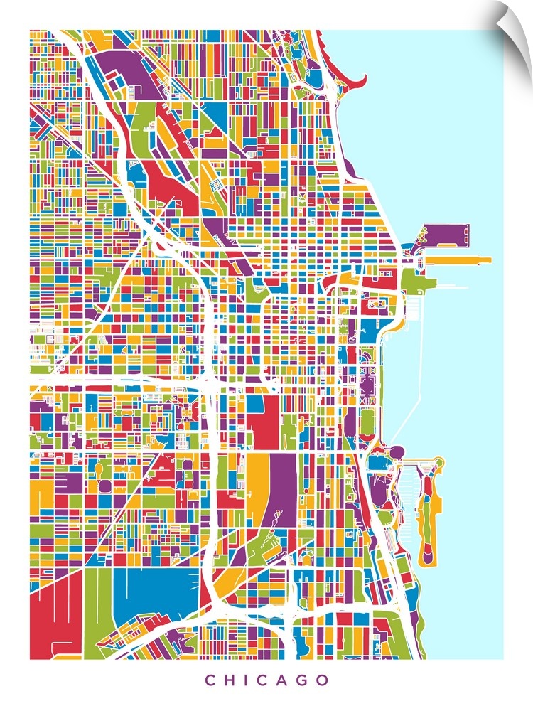 A street map of Chicago, Illinois, United States, with land areas colored green, blue, yellow, red and purple.