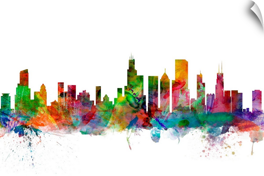 Watercolor artwork of the Chicago skyline against a white background.