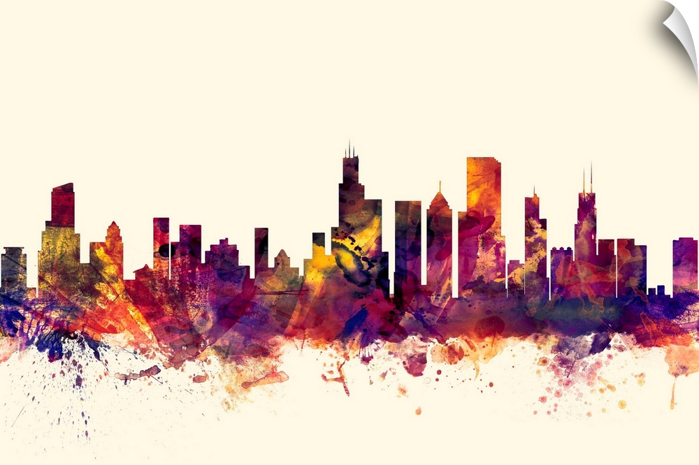 Watercolor artwork of the Chicago skyline against a beige background.