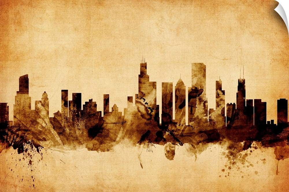 Contemporary artwork of the Chicago city skyline in a vintage distressed look.