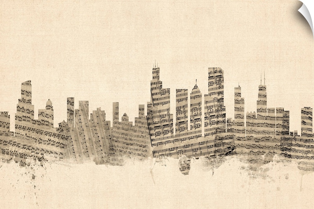 Chicago skyline made of sheet music against a weathered beige background.