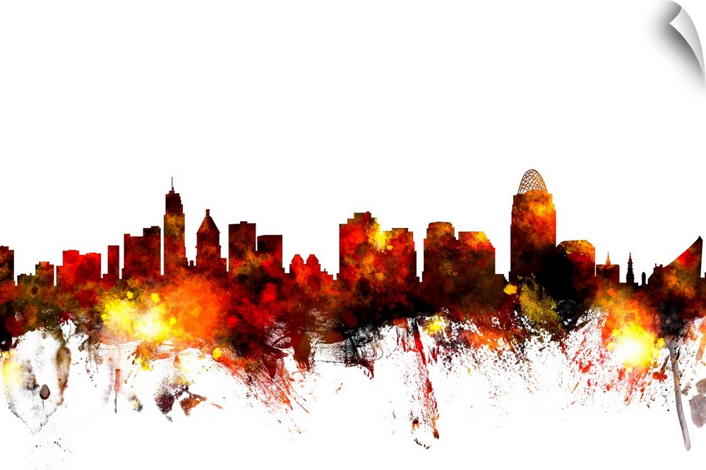 Contemporary piece of artwork of the Cincinnati skyline made of colorful paint splashes.