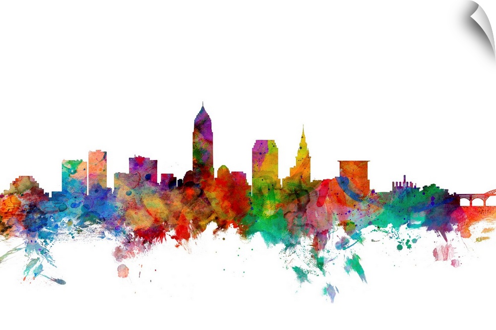 Watercolor artwork of the Cleveland skyline against a white background.