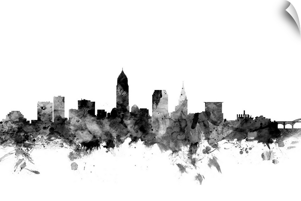 Contemporary artwork of the Cleveland city skyline in black watercolor paint splashes.