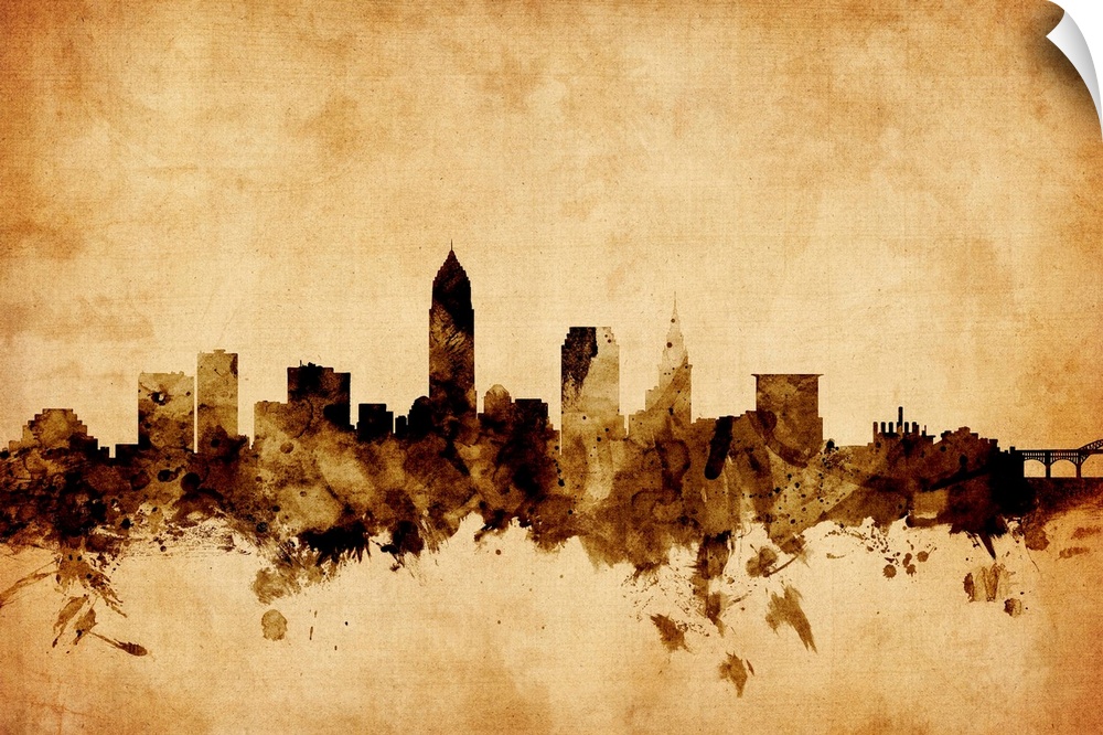 Contemporary artwork of the Cleveland city skyline in a vintage distressed look.
