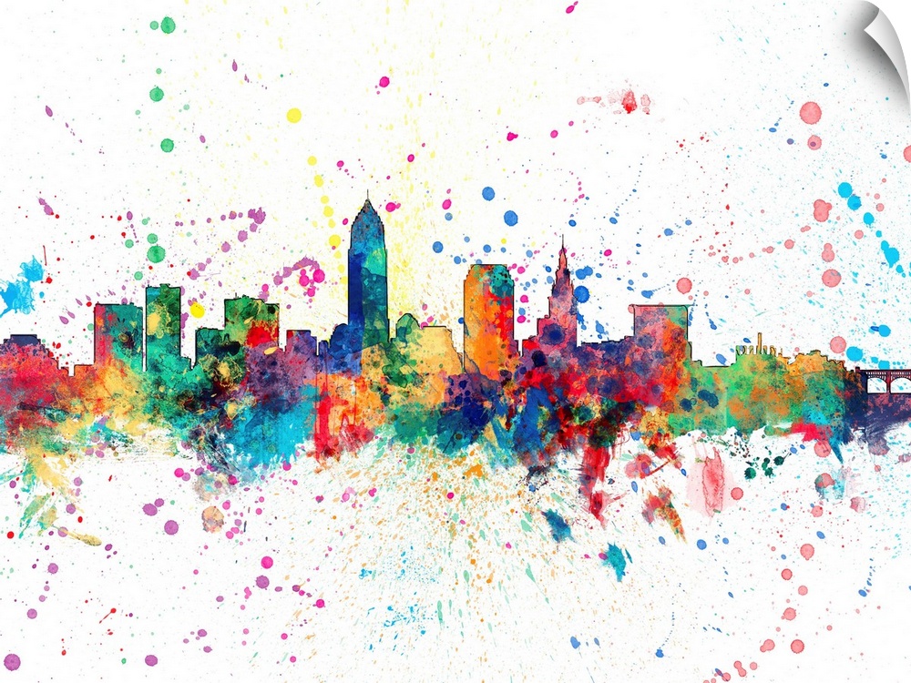 Wild and vibrant paint splatter silhouette of the Cleveland skyline.