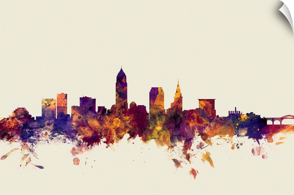 Watercolor art print of the skyline of Cleveland, Ohio, United States