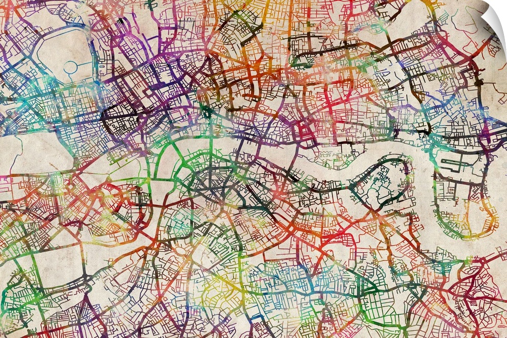 This large piece consists of a rainbow of colors for a map of London showing all the streets and waterways.