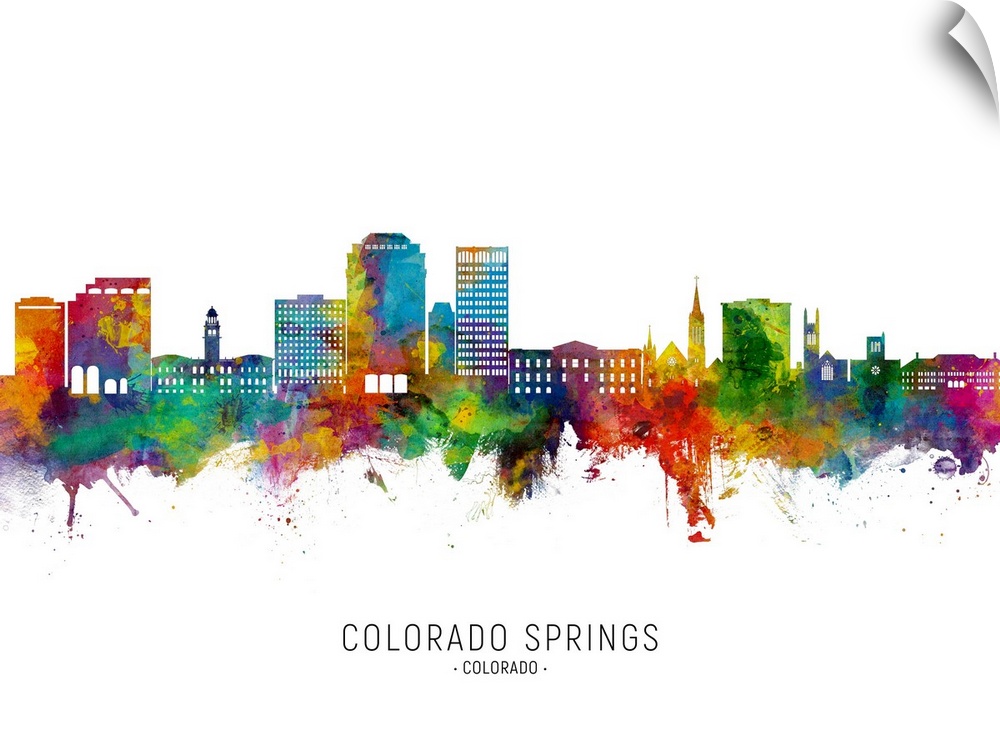 Watercolor art print of the skyline of Colorado Springs, Colorado