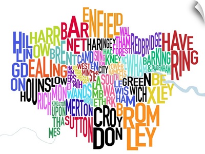 Colored text map of London showing borough names