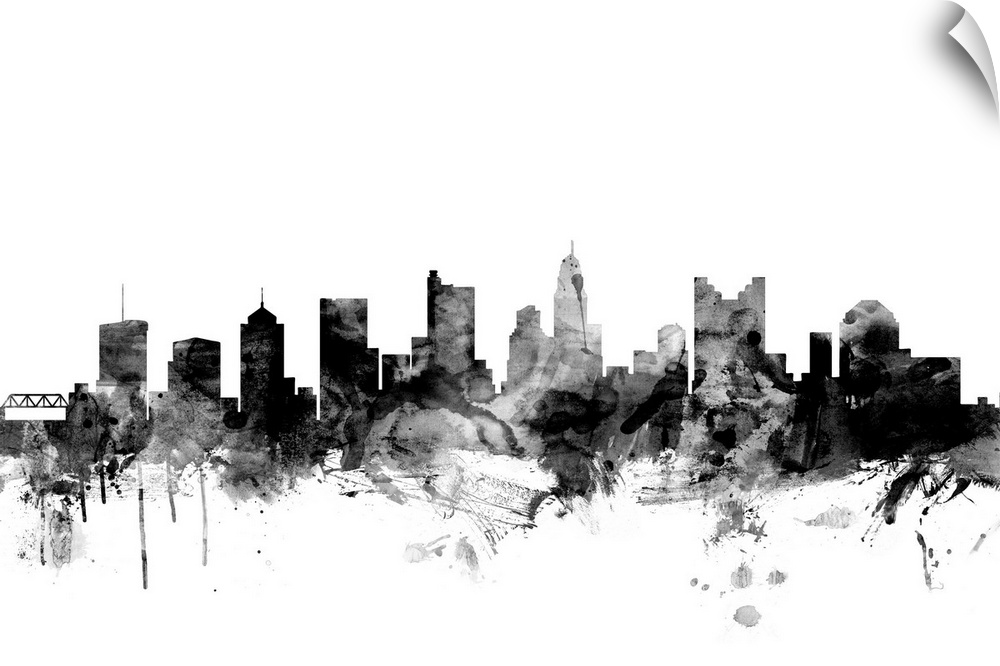 Contemporary artwork of the Columbus city skyline in black watercolor paint splashes.
