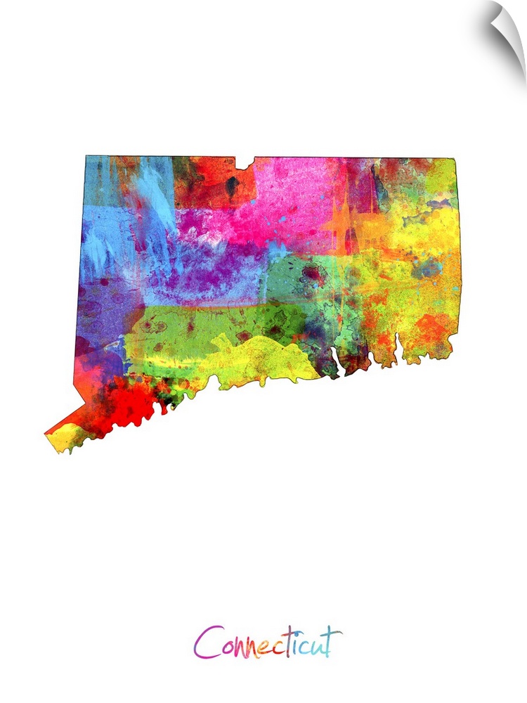 Contemporary artwork of a map of Connecticut made of colorful paint splashes.