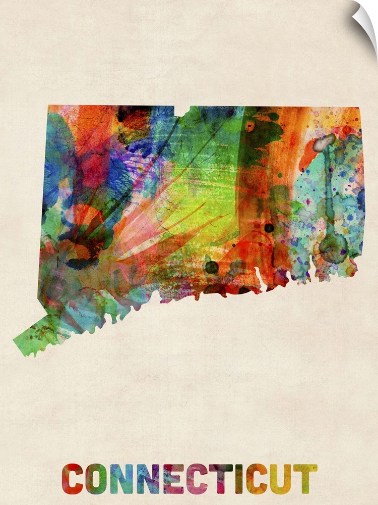 Contemporary piece of artwork of a map of Connecticut made up of watercolor splashes.