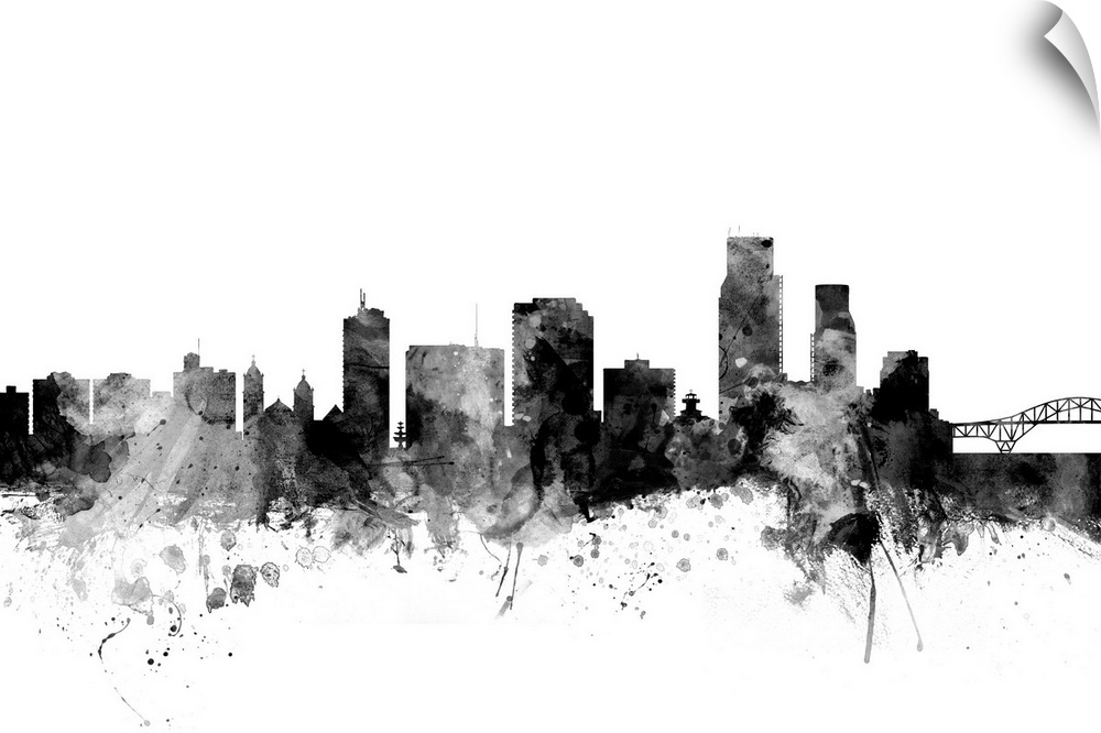 Contemporary artwork of the Corpus Christie city skyline in black watercolor paint splashes.