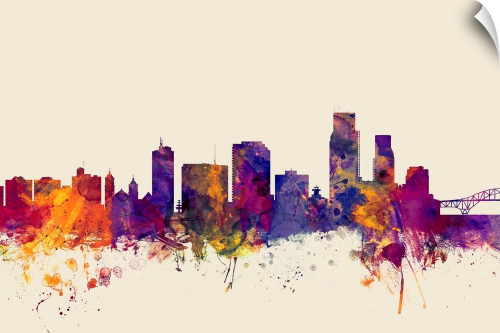 Contemporary artwork of the Corpus Christie city skyline in watercolor paint splashes.