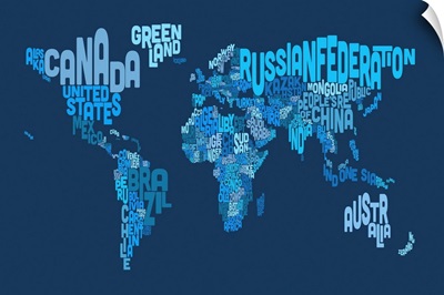 Country Names World Map, Blue