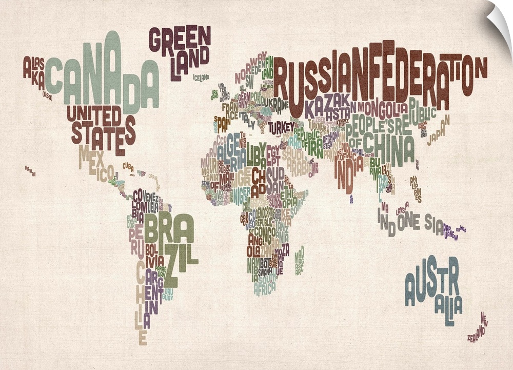 Typographic map where the countries and continents are created with their names in a neutral color palette makes this wall...