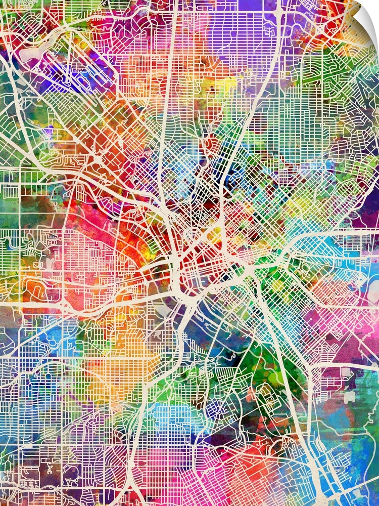Watercolor street map of Dallas, Texas, United States