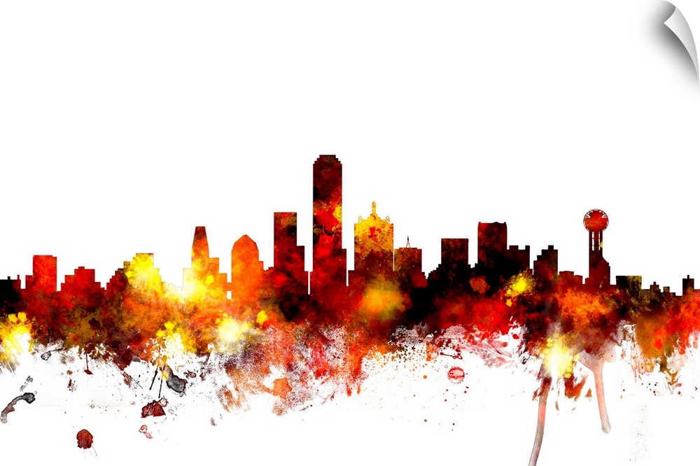Contemporary piece of artwork of the Dallas skyline made of colorful paint splashes.