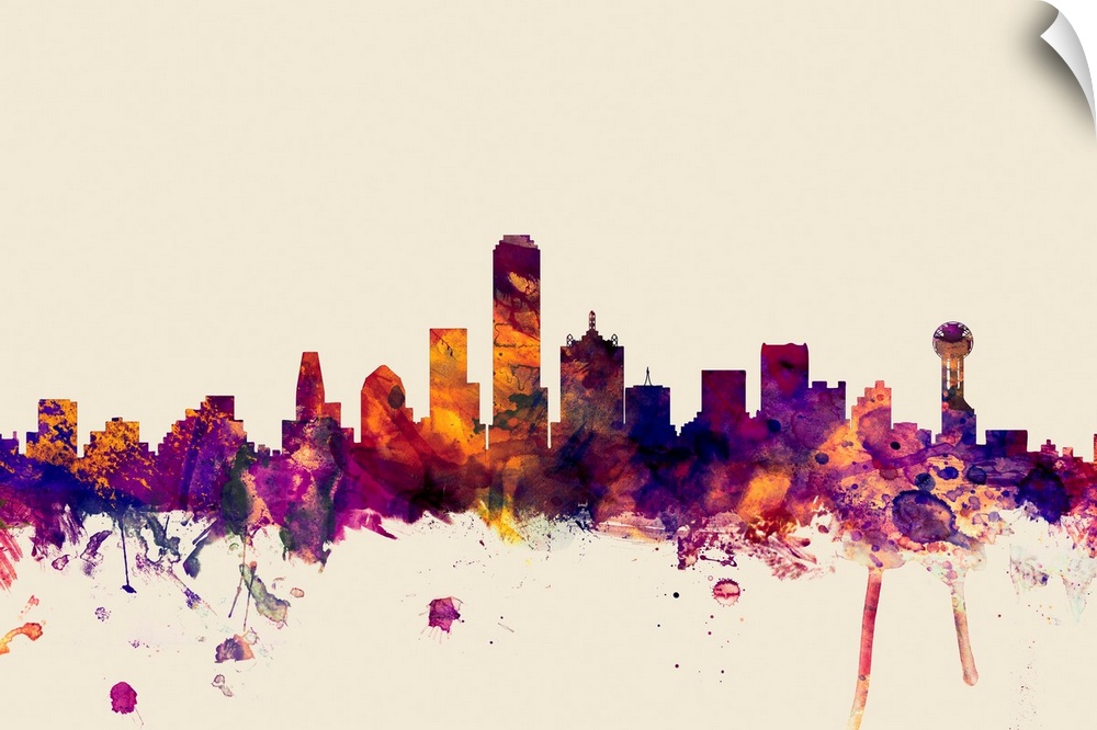 Contemporary artwork of the Dallas city skyline in watercolor paint splashes.