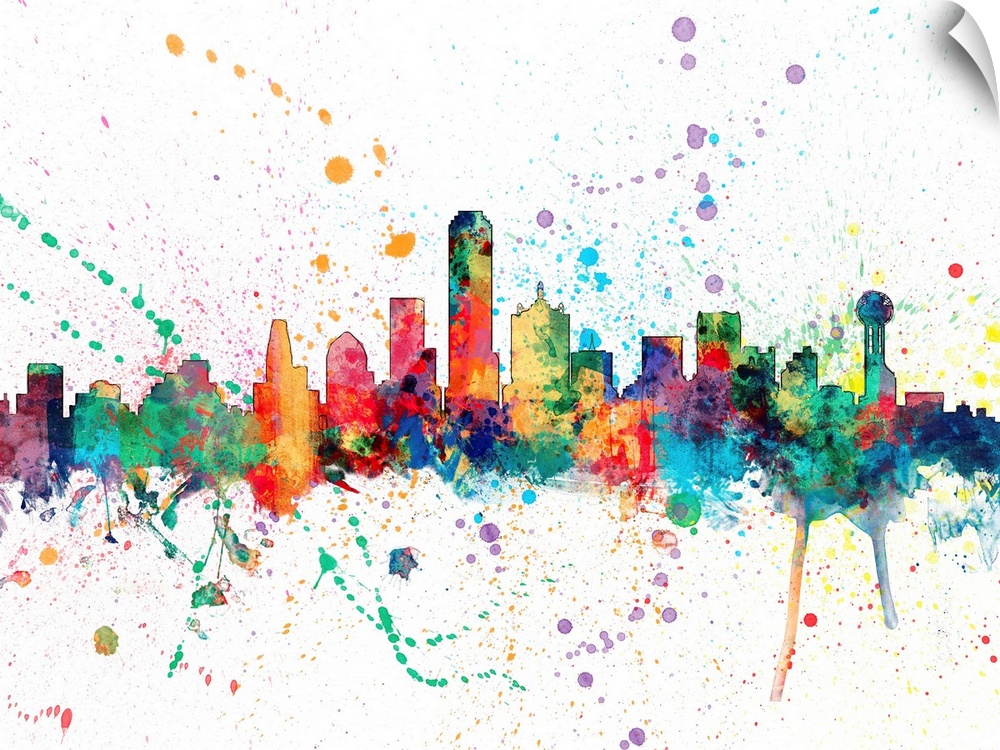 Wild and vibrant paint splatter silhouette of the Dallas skyline.