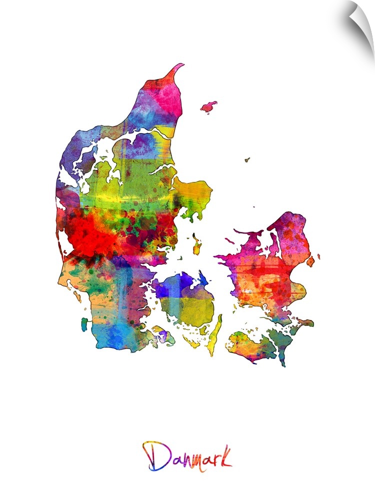 A watercolor map of Denmark (Danmark).