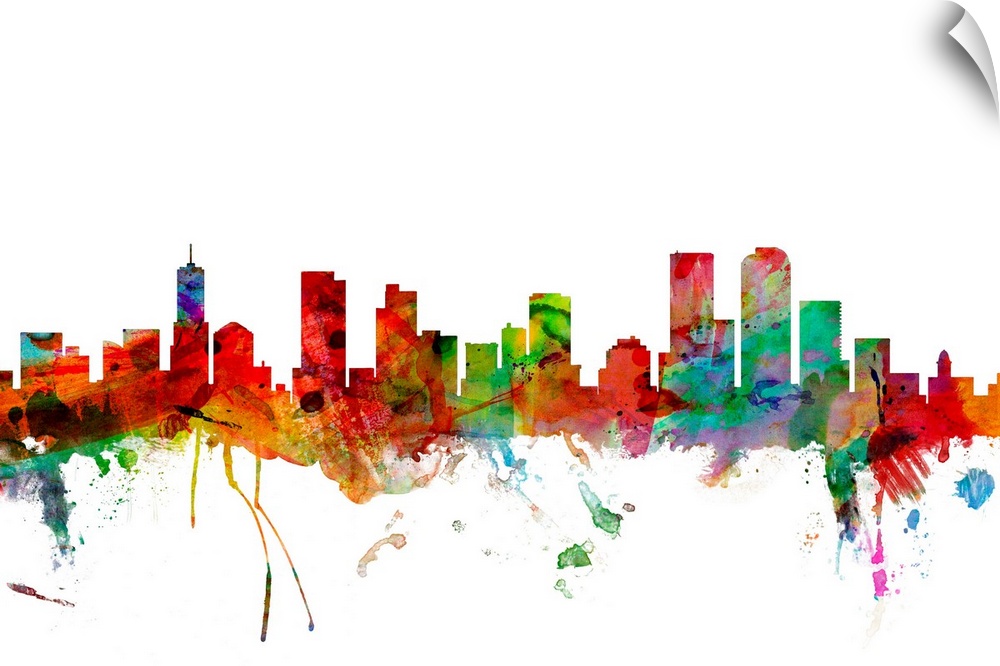 Watercolor artwork of the Denver skyline against a white background.