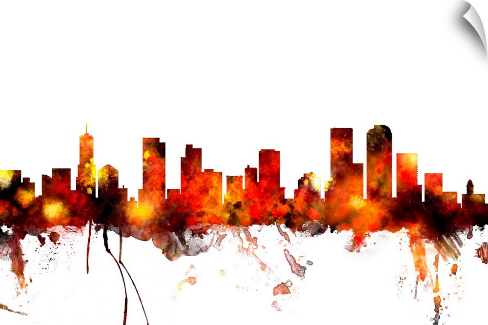 Watercolor artwork of the Denver skyline against a white background.
