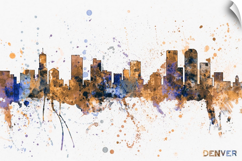 Watercolor and paint splashes art print of the skyline of the City of Denver, Colorado, United States.