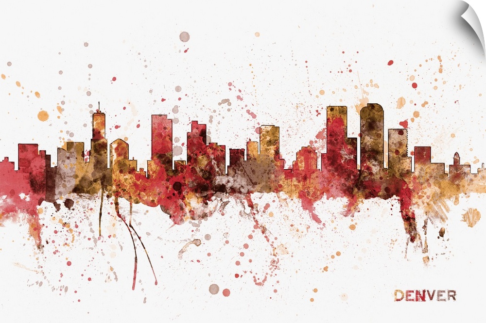 Watercolor and paint splashes art print of the skyline of the City of Denver, Colorado, United States.