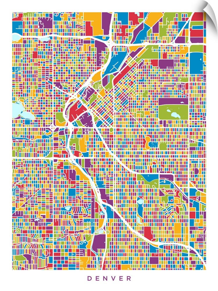 Contemporary colorful artwork of a city street map of Denver.