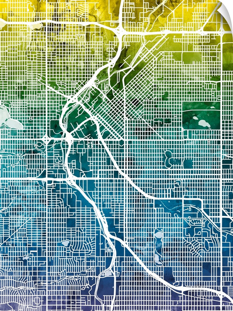 Contemporary watercolor city street map of Denver.