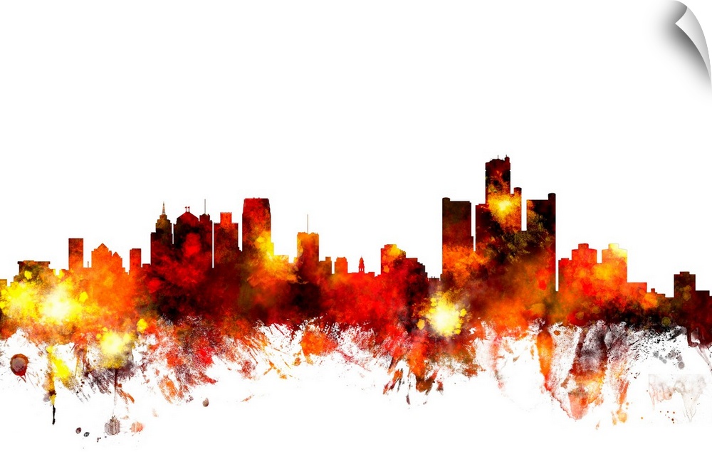 Contemporary piece of artwork of the Detroit skyline made of colorful paint splashes.