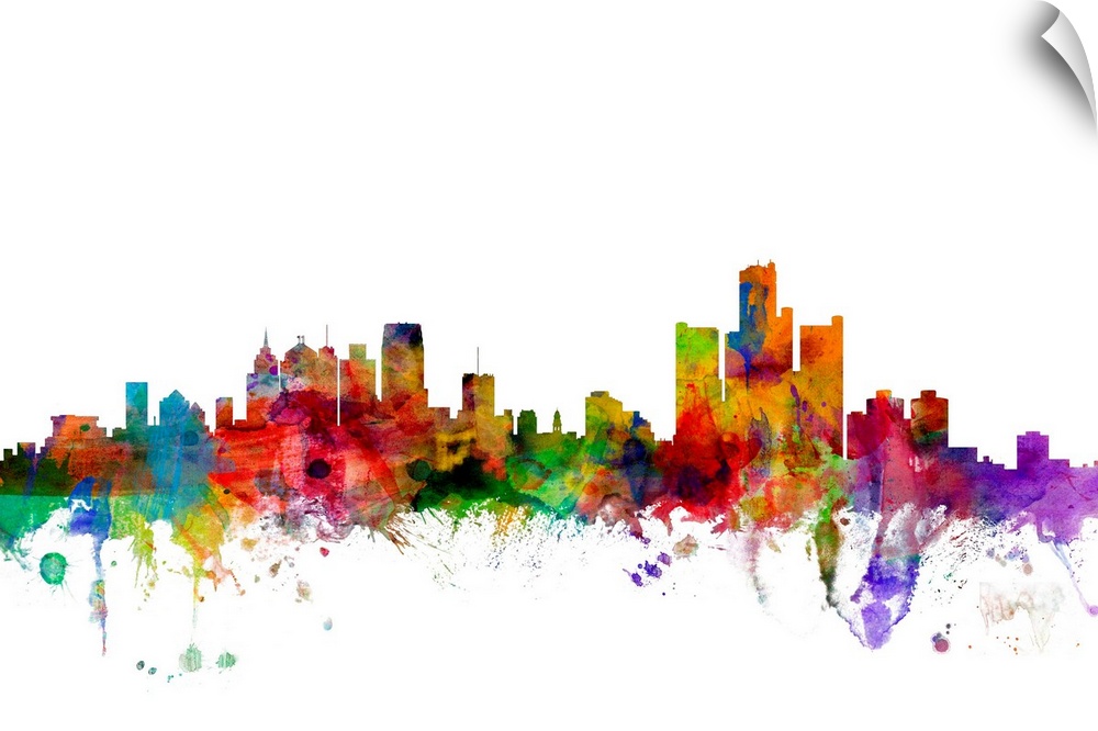 Watercolor artwork of the Detroit skyline against a white background.