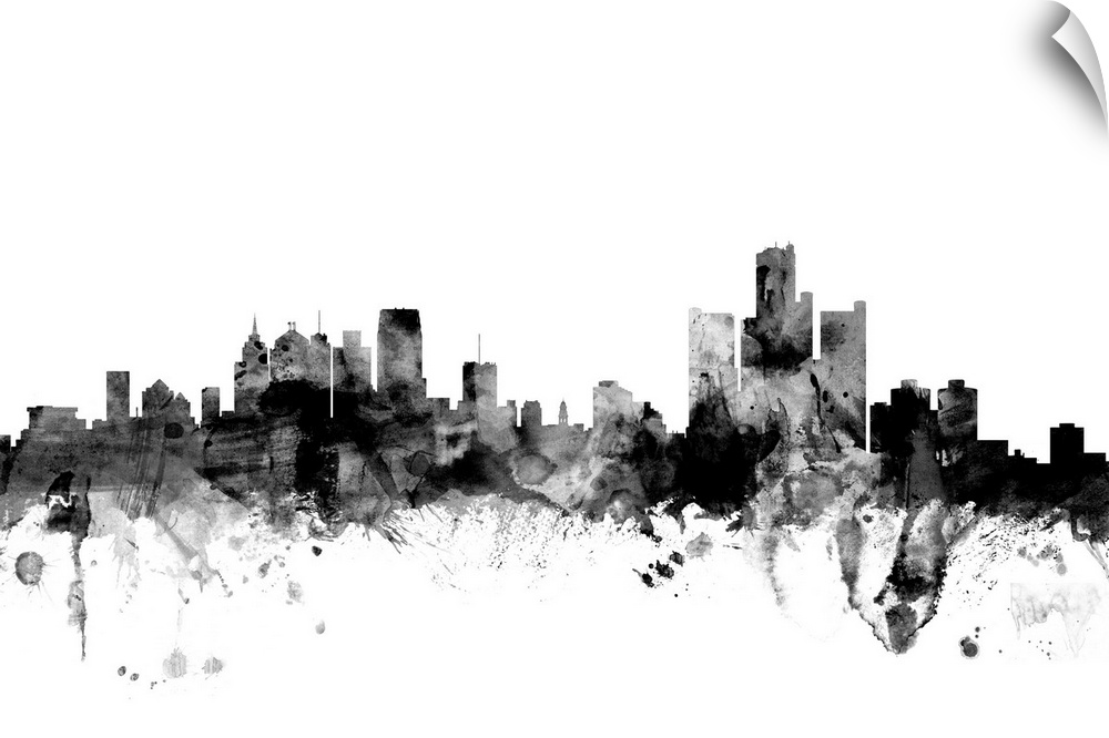 Contemporary artwork of the Detroit city skyline in black watercolor paint splashes.